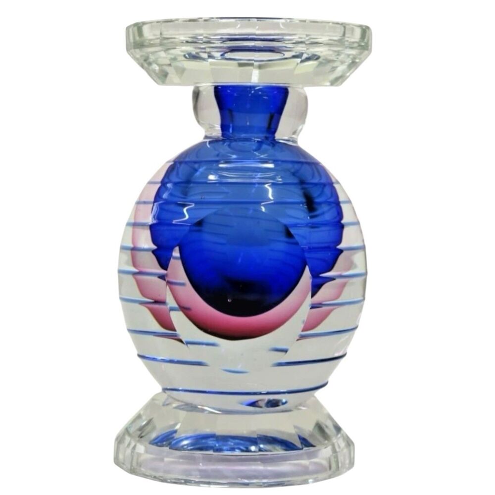 Fifth Ave Crystal Bernini Saturn Pillar Candle Holder Blue Cranberry Art Glass
